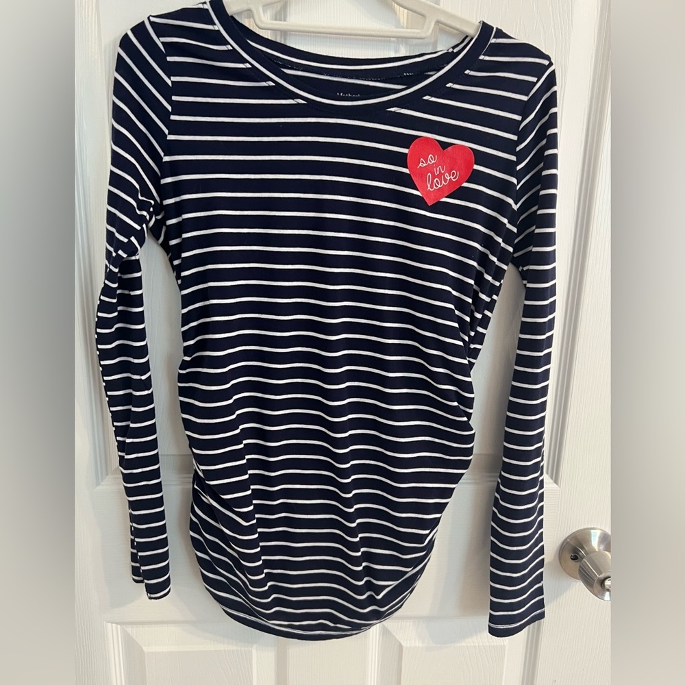 Motherhood Maternity Navy Striped Long Sleeve With Heart Graphic, Size S